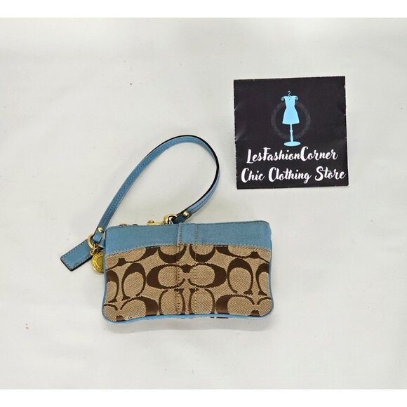 Coach Signature Wristlet Blue & Beige Leather Canvas Monogram Design 134B - Picture 9 of 14